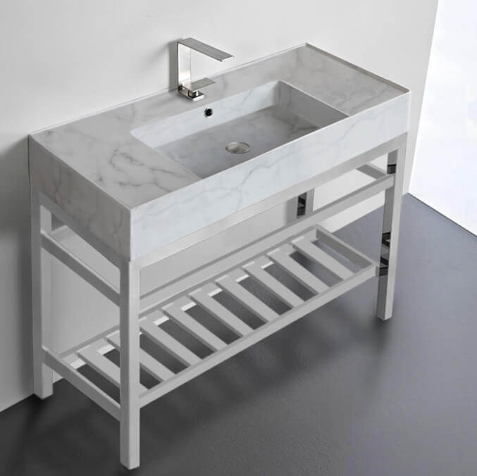 Scarabeo 5124-F-CON2-One Hole Modern Marble Design Ceramic Console Sink and Polished Chrome Base